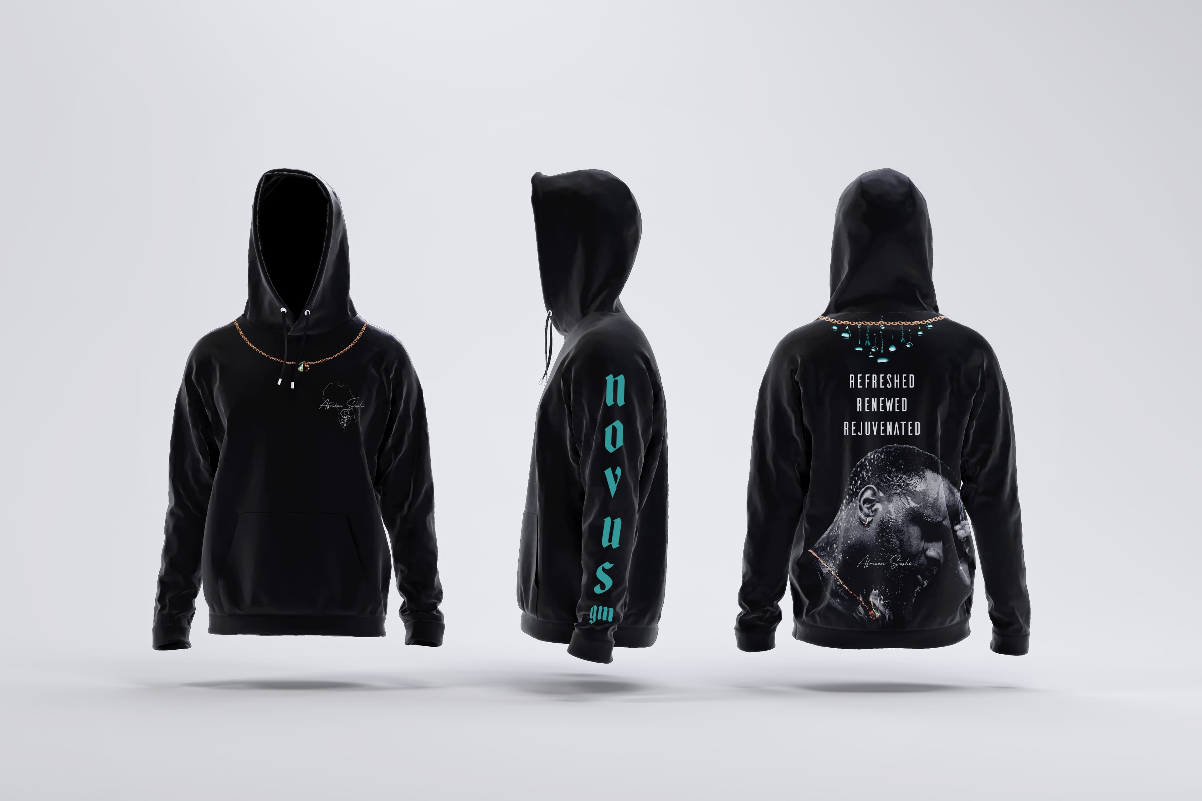 Novus Hoodie - Teal on Black (Face on Back)