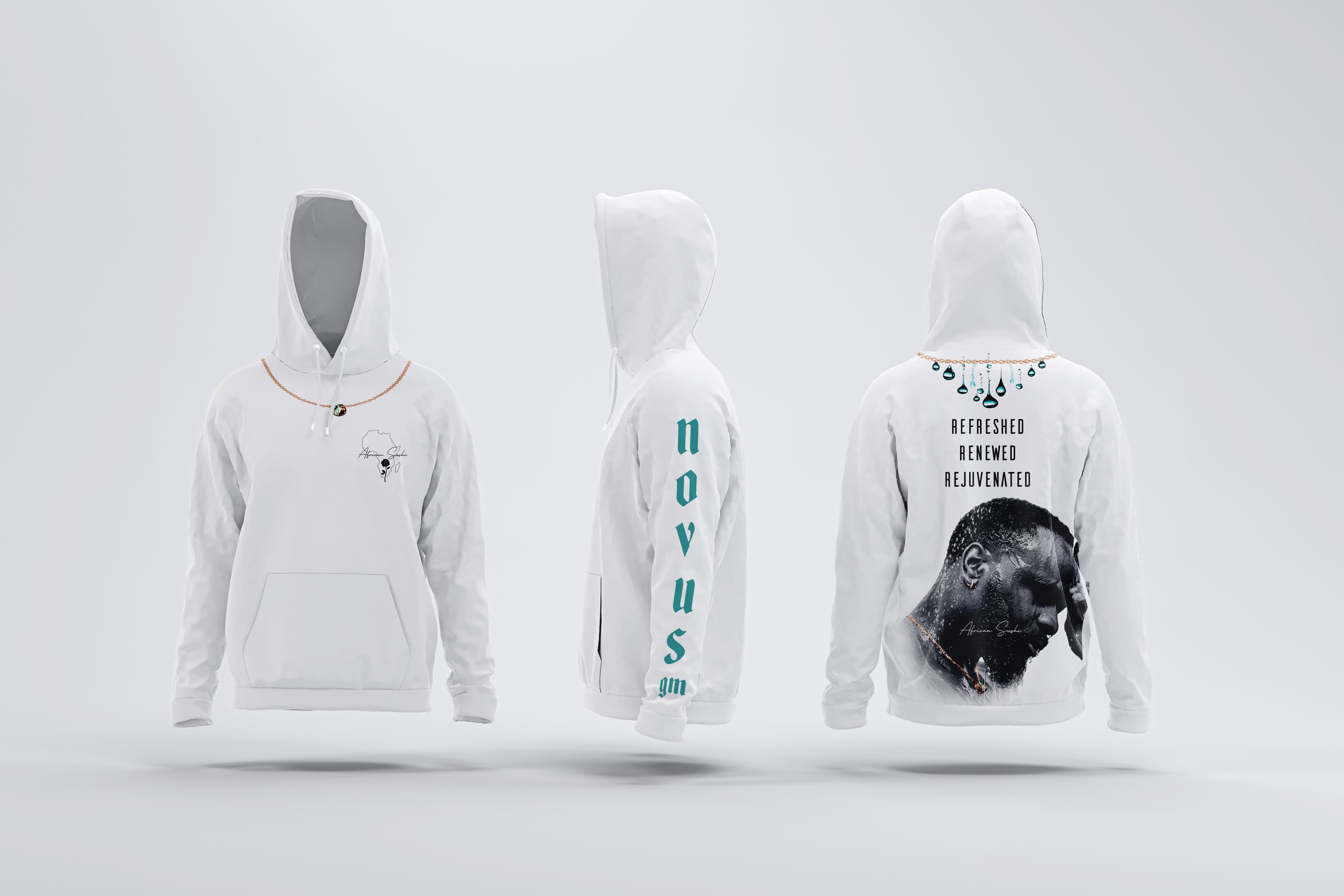 Novus Hoodie - Teal on White (Face on Back)