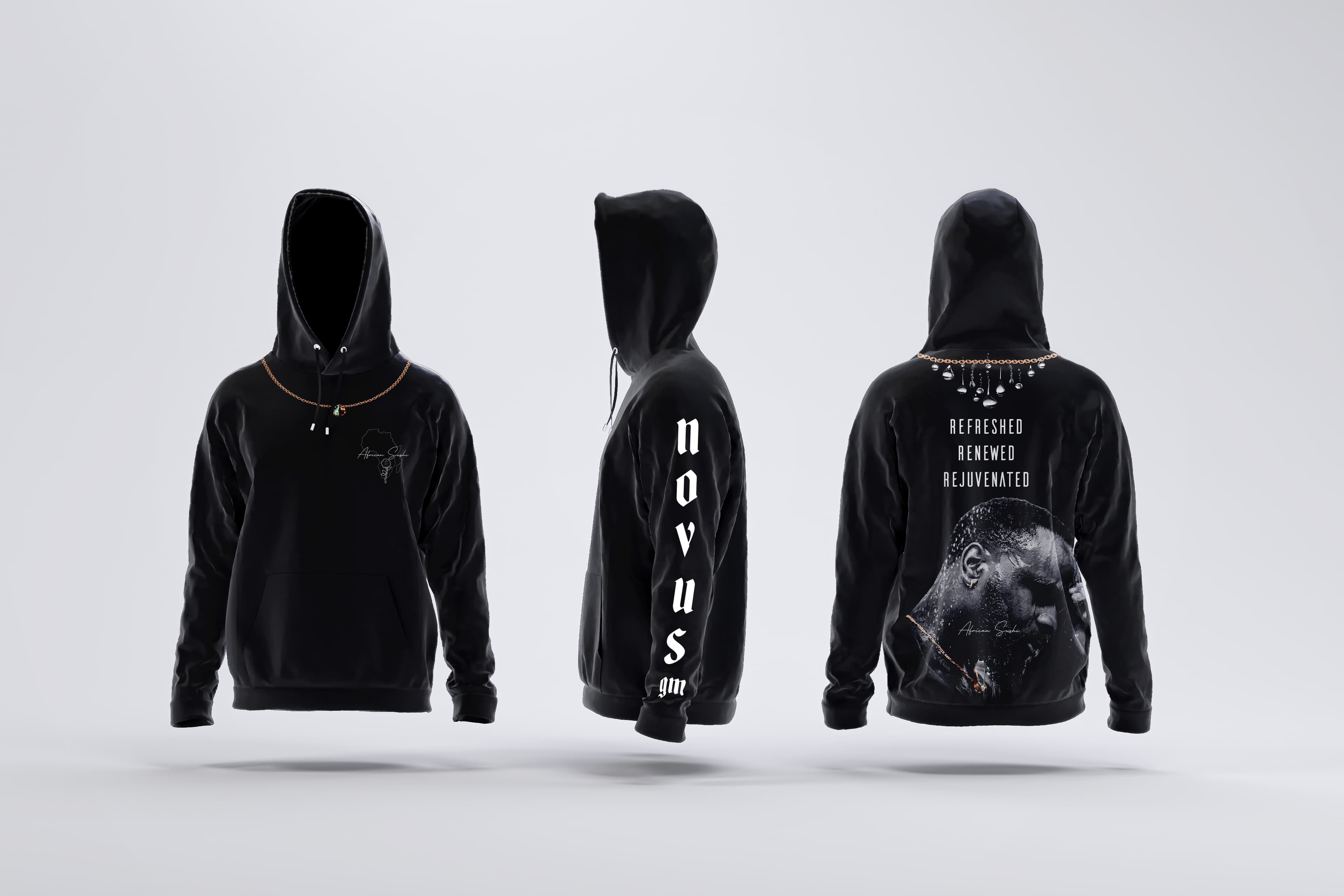 Novus Hoodie - White on Black (Face on Back)
