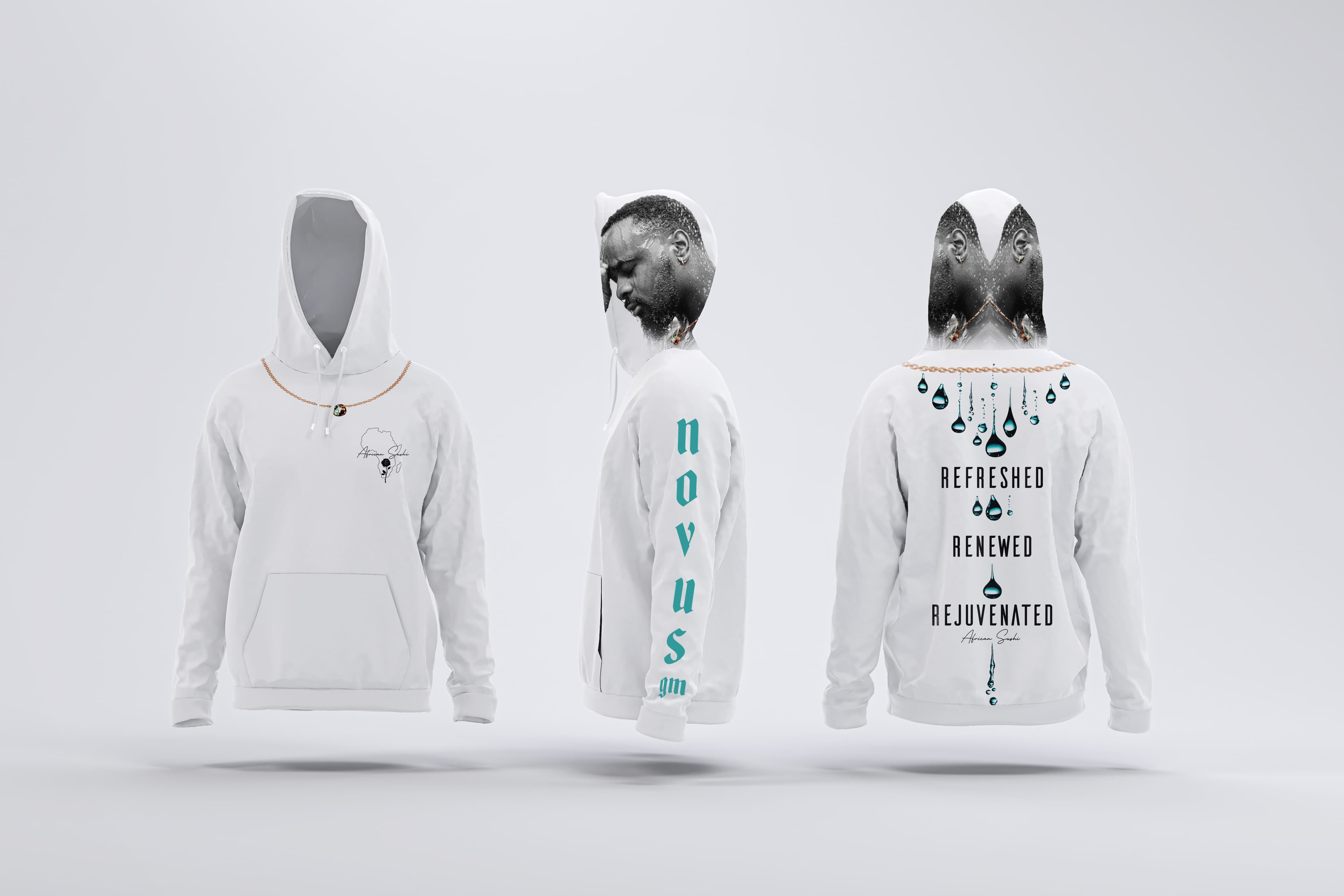 Novus Hoodie - Teal on White (Face on Hoodie)